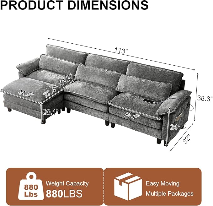 113'' Modular Sectional SofaL Shaped Couch with Movable Ottoman Comfy Cloud Sofa with Deep Seat 3 Seat Convertible Sectional Couches for Living Room with USB Charging &amp Side Pockets(Grey)