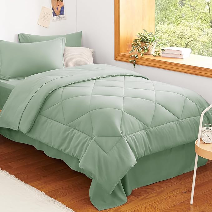 CozyLux Twin XL Comforter Set Sage Green - 5 Pieces Twin Extra Long Bed in a Bag for College Dorm All Season Bedding Set for Girls and Boys Soft Bed Set with Comforter Sheets Pillowcase &amp Sham