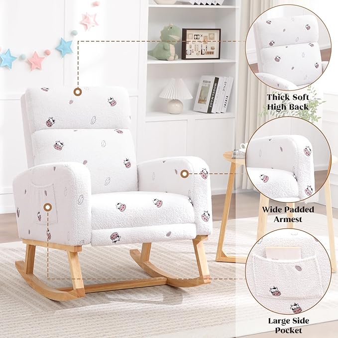 Rocking Chair Nursery with Foot Rest Nursing Rocking Chairs for Mom Breastfeeding Teddy Rocker Glider Chair with High Backrest for Living Room Bedroom Cow Printed White