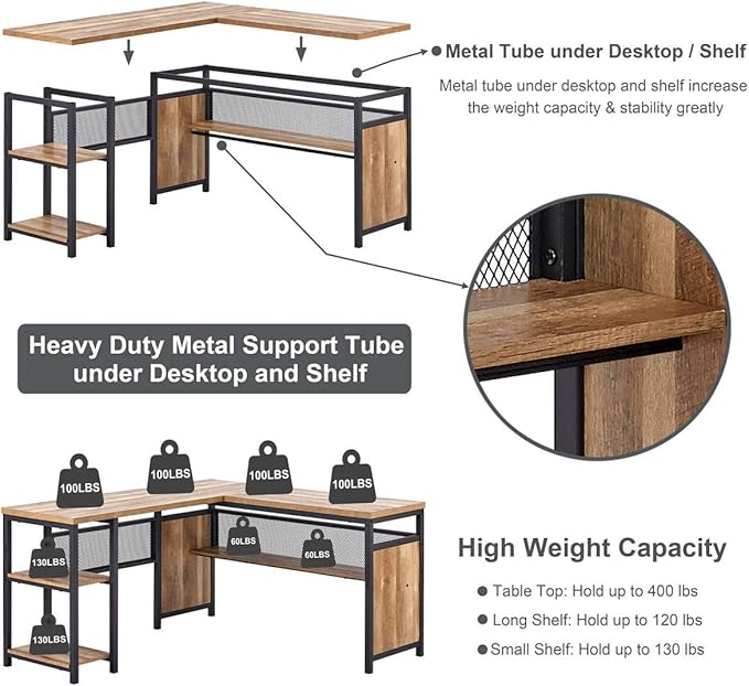 FATORRI L Shaped Computer Desk with Wood Shelves Industrial Rustic Home Office Corner Desk with Metal Legs (Rustic Oak 59 Inch)