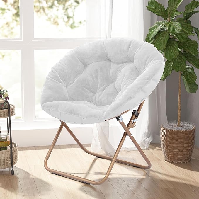 Cozy Saucer Chair Living Room Chair Faux Fur Soft Thick Padded Seat Metal Frame Folding Chair Comfortable Moon Chair for Living Room Bedroom Reading Nook Modern Style 2 Pack White