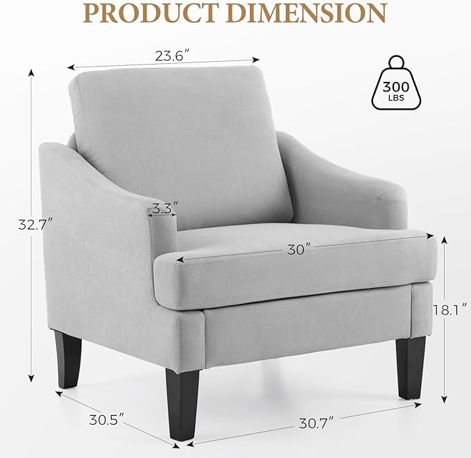 Bezseller Modern Accent Chair Upholstered Reading Armchair with Wood Legs Mid-Century Leisure Comfy Single Sofa Chair for Living Room Bedroom Home Office Light Grey