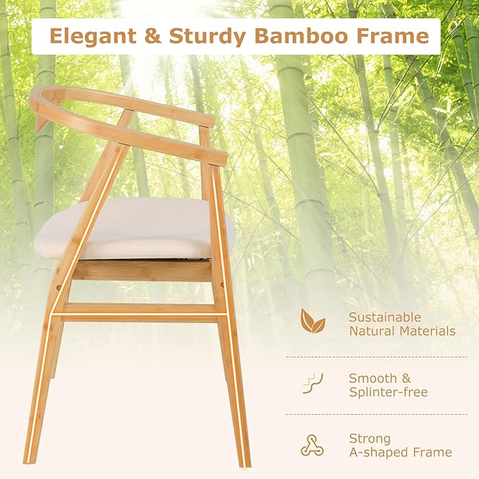 GOFLAME Bamboo Accent Chair Set of 2 Mid-Century Modern Armchair with Padded Seat Curved Backrest and Wrap-Around Armrest Upholstered Reading Chair Leisure Chair for Living Room Bedroom