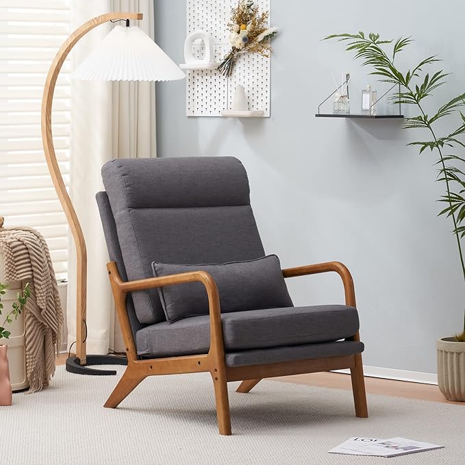 Mid-Century Modern Accent Chair with CushionHigh Back Solid Wood Armrest Chairs Backrest Linen Fabric Indoor Leisure Chair for Living RoomBedroomReadingBalcony (Grey)