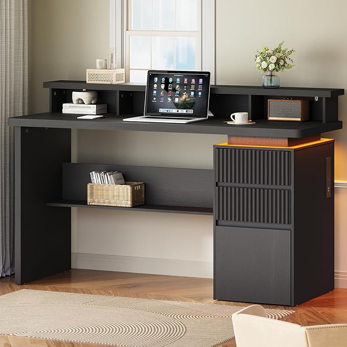 59 Executive Desk with Drawer Fluted Computer Desk with File Drawer &amp Monitor Stand Home Office Desk with Power Outlet LED Light Modern Fluted Computer Writing Desk with Storage Black