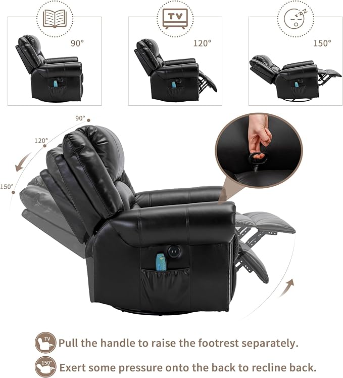 Manual Massage Swivel Rocker Recliner with Heat and Vibration 360° Swivel Glider Rocking Recliner Chair Classic Living Room Lounge Recliners with Side Pockets &amp USB Ports Black