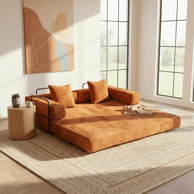 Alpen Futon Sofa Bed Full Size 4-in-1 Sleeper Sofas with L-Shaped Armrests Small Sofa Bed Couch for Small Spaces Loveseat Sleeper for Living Room Bedroom Chenille Orange