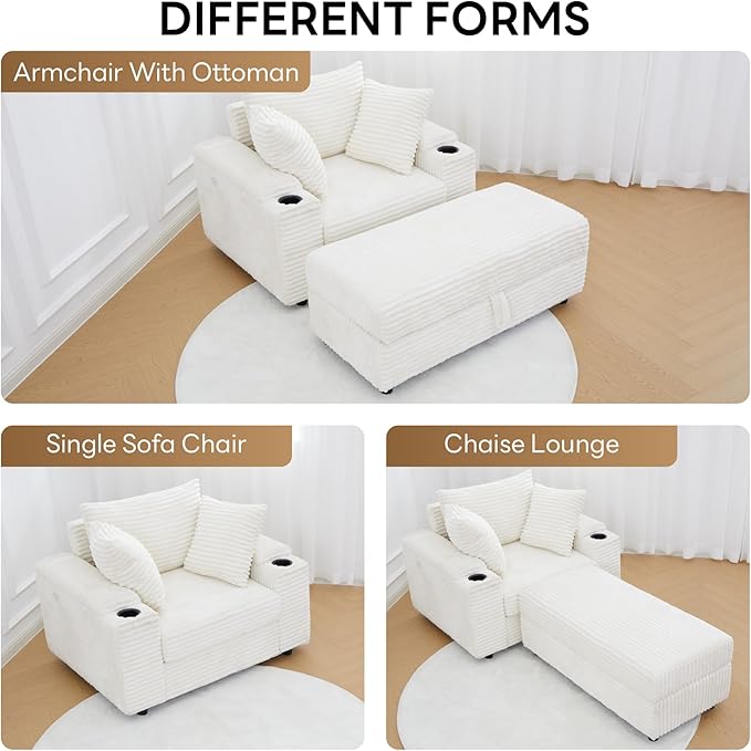 LIKIMIO 54''Oversized Chaise Lounge Chair IndoorFirm Solid Wood Frame with USB &amp Cup HolderComfy Corduroy OttomanReading Chair for Living Room Study Room (White)