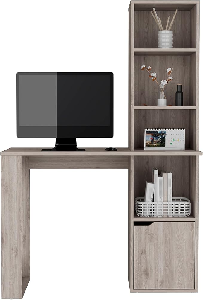 Writing Desk Computer Desk with Bookcase and Cabinet Interlocking Mechanism Easy Assembly for Home Office Light Gray