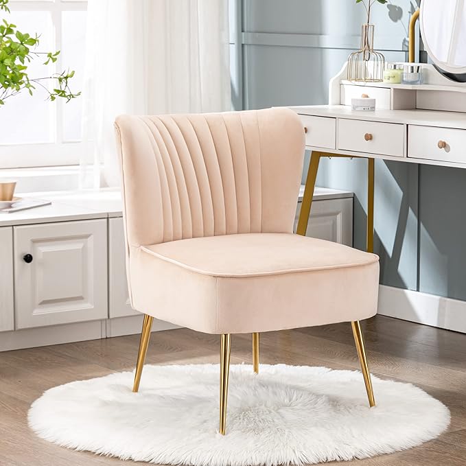 WO Indoor Furniture 22 Wide Tufted Velvet Accent Chair with Gold Metal Leg Rust and Scratch Resistant Premium Quality Seat for Your Den Living Room Bedroom Home (Tan)