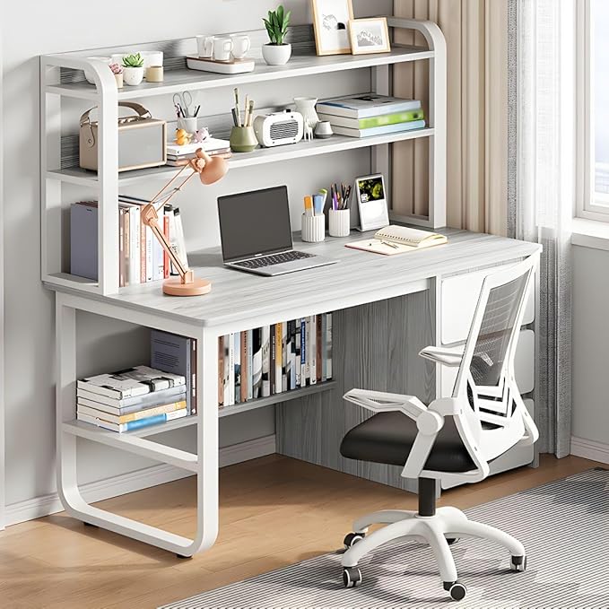 CraftThink Writing Desk Chair Set Rectangular Study Table with 3-Drawer and Storage Shelves Wheeled Chairs Computer Desk Table for Home Office (Wood Color Desk &amp Chair 55 L x 19 W x 56.5 H)