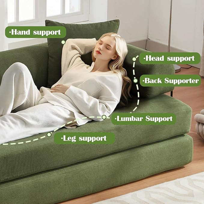 79 Convertible Folding Sofa Bed 4-in-1 DIY Combination Sleeper Sofa Bed Upholstered King Size Sleeper Couch Corduroy Floor SofaBed Boneless Couch for Living Room Bedroom Lounge (Green)