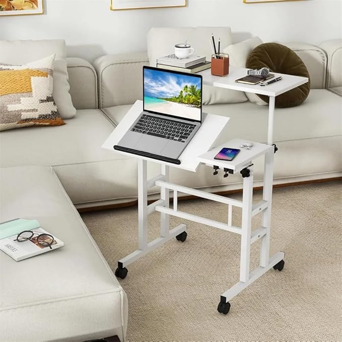 Garvee Portable Standing Desk Adjustable Height 26.4-61 Mobile Computer Desk with Wheels Tiltable Top &amp CPU Stand Rolling Laptop Table Cart for Home Office White