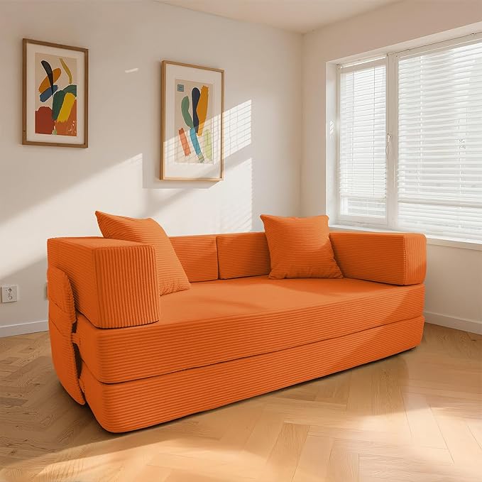 5‑in‑1 Futon Sofa Bed Queen–Floor Foldable Convertible Sofa Couch with L‑Shaped Armrests Removable Cover Orange Convertible Guest Bed | Space‑Saving Fold‑Out Mattress Lounge for Living Room/Bedroom