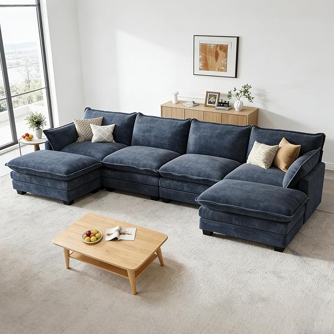 Modular Sectional U Shaped Sofa Couches for Living Room Cloud Couch with Movable Ottoman Comfy Chenille Sofa with Pillow for Bedroom and ApartmentBlue