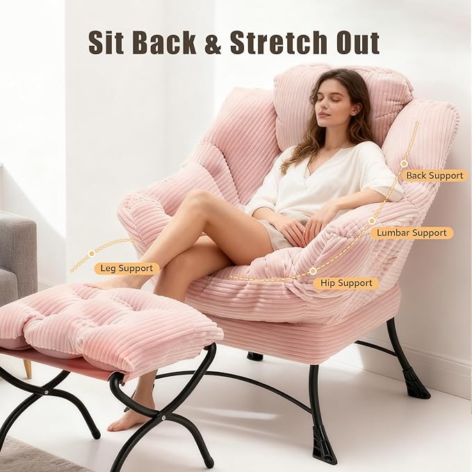 Large Lazy Chair and Ottoman for Adults Accent Chair Oversized Lounge Armchair with Side Pocket &amp Footrest Comfy Reading Chair Leisure Sofa for Bedroom Living Room Office (Corduroy Pink Sing