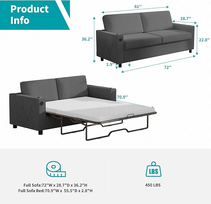 BALUS Pull Out Sofa Bed Full Size Sleeper Sofa with Inbuilt Cup Holder &amp USB Ports 2-in-1 Convertible Pullout Couch with Memory Foam Mattress for Living Room Home Office Dark Grey