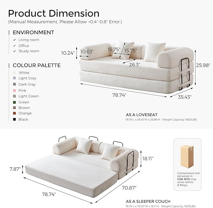 79 Corduroy Floor Sofa Bed Convertible Modular Sleeper Sofa Removable Parts Design Comfortable Seating and Sleeping for Family Use Relaxation Area (Beige White)