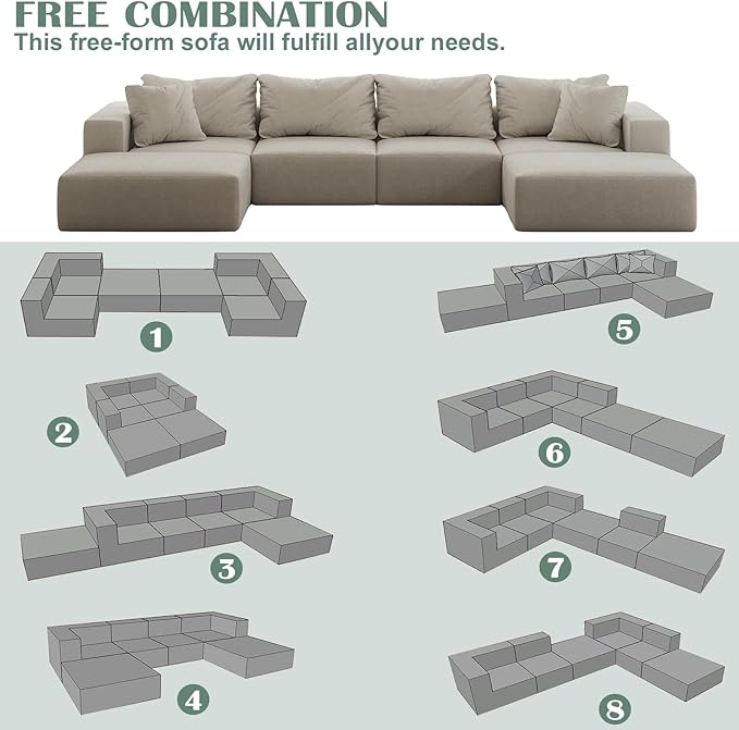 197” Modular L-Shaped Sectional Sofa Cloud Chenille Couch with 6 Pillows No-Assembly Customizable Sofa for Living Room &amp Bedroom Beige