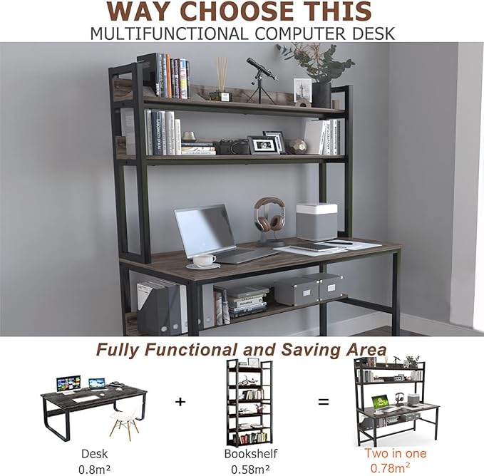 Aquzee Desk with Hutch Bookshelves Computer Desk with 3 Tiers Storage Shelves Space Saving Design Black Metal Legs Desk with Grey Board Easy Assemble