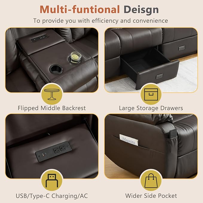 AHMED 3-Seat Manual Reclining Sofa Faux Leather Recliner Couch with Flip-Down Console Home Theater Seating with Cup Holders USB Ports &amp AC Outlet Storage Drawer for Living Room/RV Dark Brown