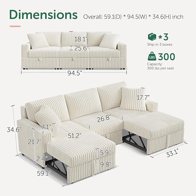 HONBAY 94.5 Inch Sectional Sofa Modular L &amp U Shaped Pull Out Couch with Adjustable Backrest &amp Storage Velvet White