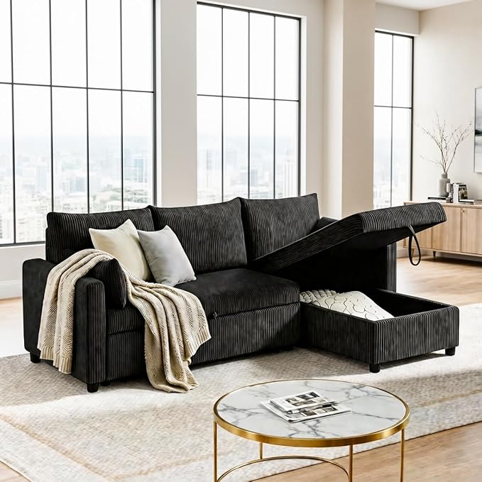 Sectional Sleeper Sofa with Pull Out Bed LShape Convertible Sofa Bed Couch with Storage Chaise 3 in 1 Pull Out Sofa Bed with 3 Seats for Living RoomApartment Black 85Inch
