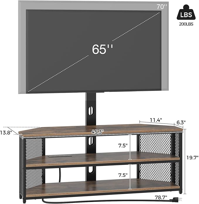 Rolanstar TV Stand with Mount and Power Outlet Swivel TV Stand Mount with LED Lights for 32/45/55/60/65/70 inch TVs Rustic Brown Entertainment Center Media Console with Height Adjustable Mount
