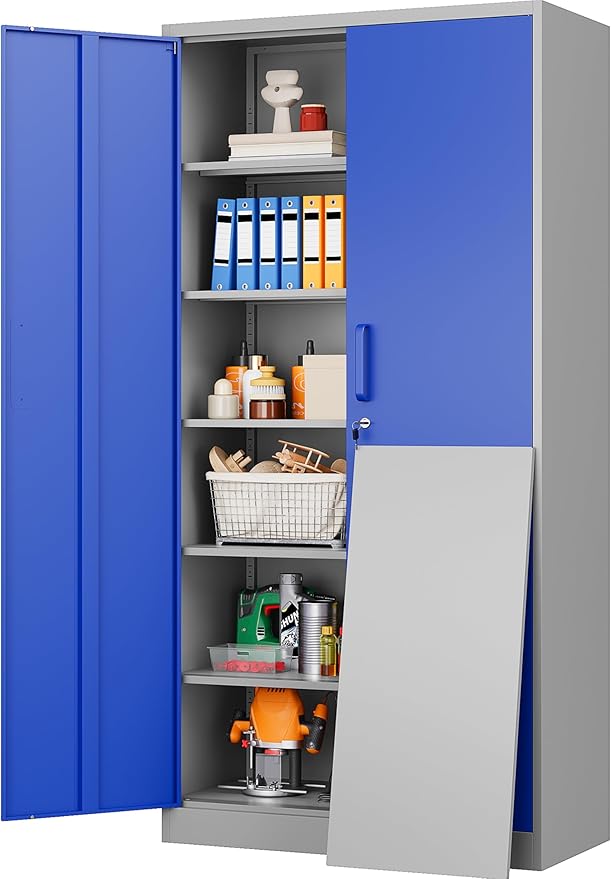 Metal Cabinet with 5 Adjustable Shelves6 Tier Garage Storage Cabinet with LockGray Blue Metal Storage Cabinet with Locking DoorsSteel Cabinets71 Lockable Storage Cabinets for HomeOfficeGarage