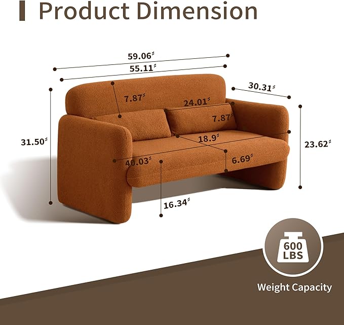 59.1 Boucle Modern Sofa Couch 2 Seater Sherpa Lamb Fabric Loveseat Comfy Upholstered Couch Leisure Lounge Sofa with 2 Waist Pillow for Bedroom Office and Living RoomOrange