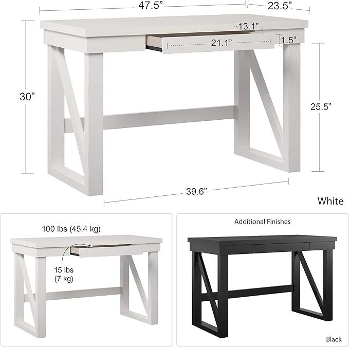 Computer Desk White MDF Modern Writing Desk with Storage Drawer Rectangular 47.5x23.5x30 Inch Home Office Workstation