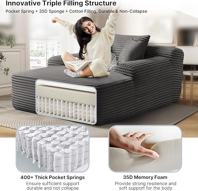 65'' Chaise Lounge Chair Indoor Grey Plush Corduroy Cloud Couch Fluffy Oversized Sofa Bed for Bedroom Living Room Comfy Boneless Reading Longue Chair Sleeper Sofa No Assembly