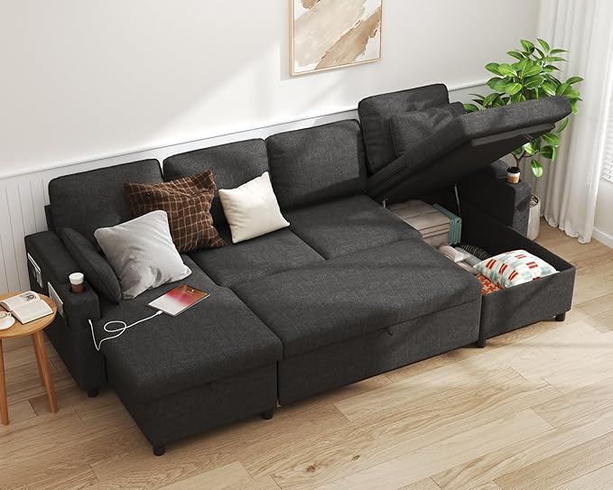 DURASPACE Sofa Bed Pull Out Couch Sleeper with Double Storage Chaise U Shaped Convertible Sectional Sleeper Sofa for Living Room with USB Charging Ports Cup Holder (Dark Gray)