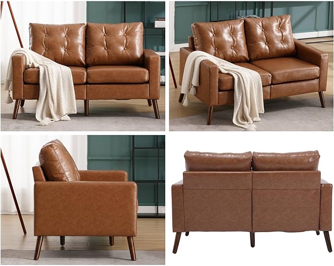 VESCASA 53 W Faux Leather Loveseat Sofa with Button Tufted Back Mid Century Modern Upholstered 2 Seater Small Sofa Couch with Wood Legs PU Leather Love Seats for Living Room/Bedroom Caramel
