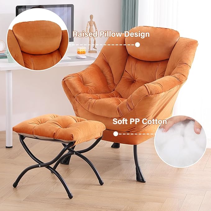 Tiita Lazy Chair with Ottoman Orange Modern Large Accent Armchair Comfy Leisure Sofa Reading Chair with Footrest for Bedroom Living Room Dorm Rooms Garden Velvet Orange