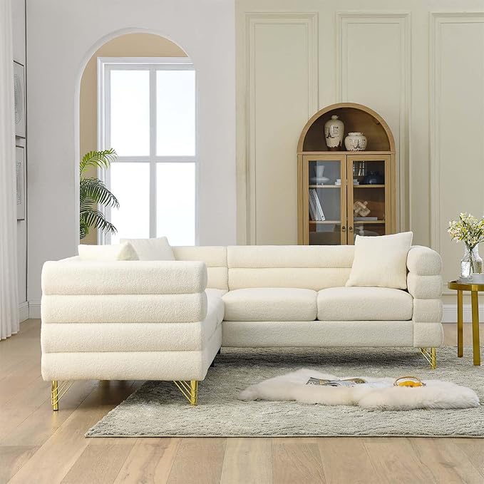 Antetek L-Shaped Sectional Couches Modern Teddy Fabric Upholstered Chaise Lounge Sofa Couch with Square Arm and 4 Golden Metal Legs for Living Room Office Ivory