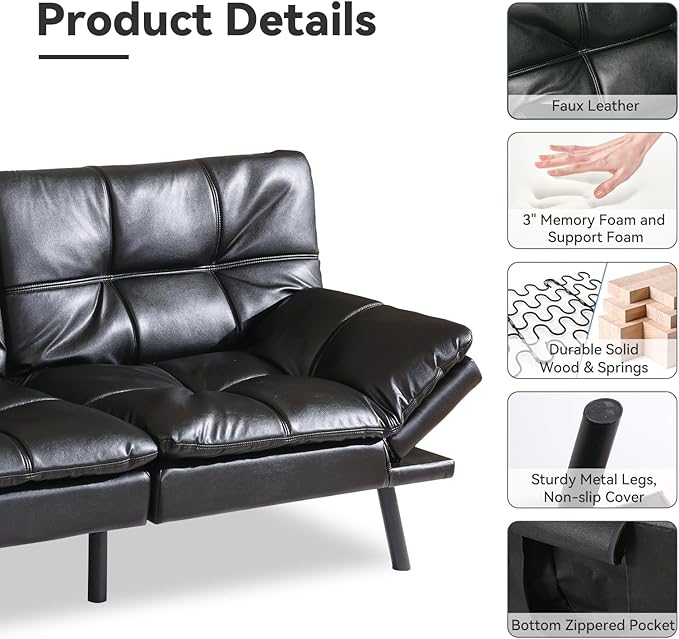 Black Faux Leather Futon Sofa Bed Memory Foam Futon Couch with Convertible Backrests &amp Armrests Small Splitback Loveseat Sofa for Living Room Home Office Apartment