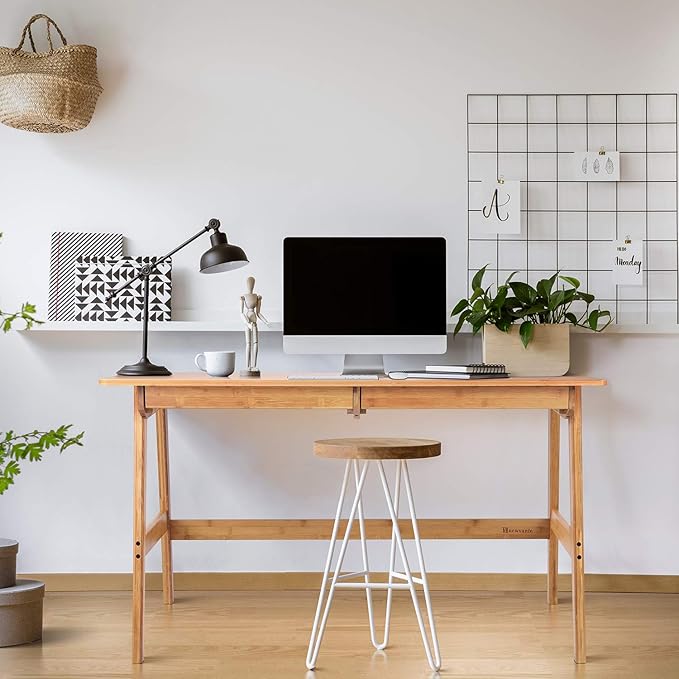 Nnewvante Writing Computer Desk 46 Bamboo Home Office Table with 2 Drawers Modern Furniture Simple Study Makeup Workstation