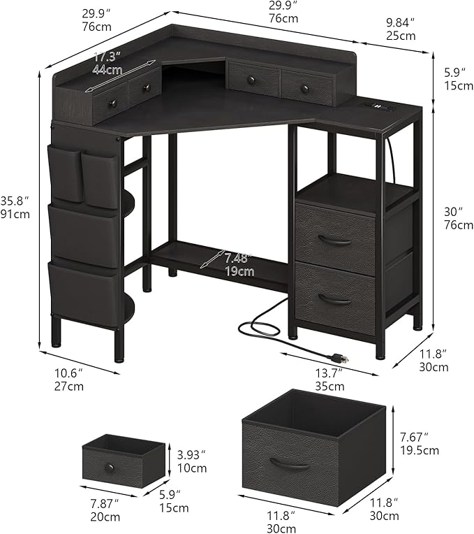Corner Desk with 6 Drawers Shelves for Small Space Computer Desk with Power OutletsGaming Desk with Printer Monitor Stand Storage for Home Office Workstation Writing Table (Black 31.5)