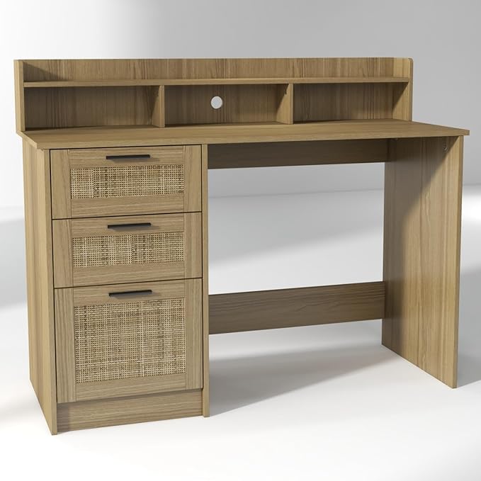 ENSTVER Small Computer Desk with Drawers and Hutch ShelfHome Office Small Desk with Storage File DrawersBoho Rattan Writing Study Desk for Bedroom