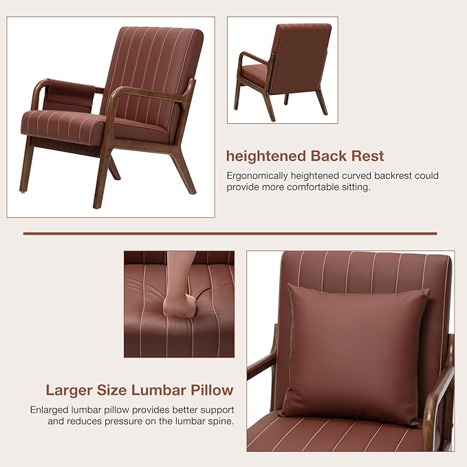 HOMMPA Mid-Century Modern Accent Chair Set of 2 Comfy Reading Armchair with Solid Wood Frame &amp Lumbar Pillow Upholstered Linen Lounge Chair with Side Pocket for Living Room BedroomBalcony (Bro
