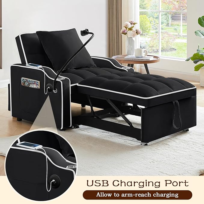 KINFFICT Sleeper Sofa Chair Bed Convertible 3-in-1 Sofa Armchair Adjustable Sleeper Chairs with Pullout Bed Single Lounger Futon with Side Pockets for Living Room (Black)