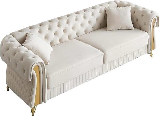 89 Sofa Couch Tufted Velvet Chesterfield Sofa Modern 3 Seat Sectional Couch with 2 Toss Pillows for Living Room Beige