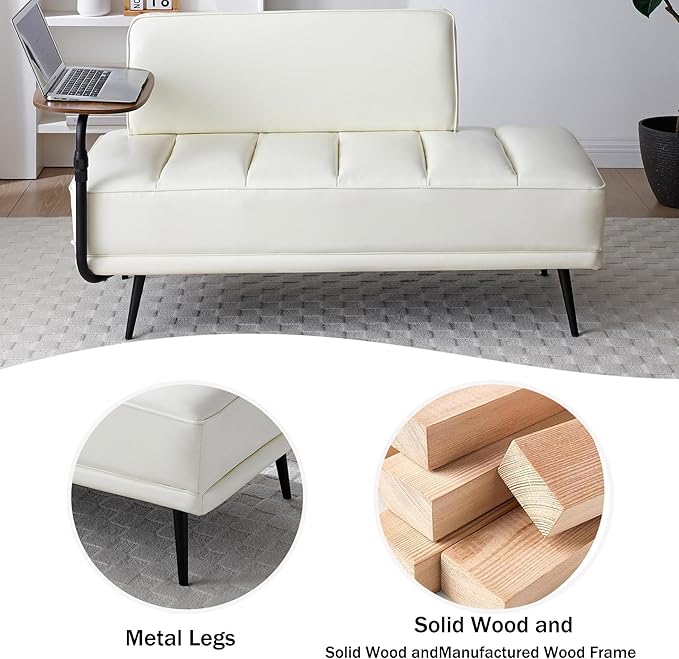 Anwick 55 PU Leather Small Sofa Loveseat Couch with Side Table Modern Upholstered Bed End Bench with Back for Bedroom Living Room Office Entryway (Beige)