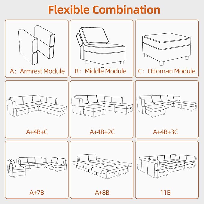 GAOMON Chenille Storage Ottoman Module for Modular Sectional Sofa Square Ottoman Module for Sectional Sleeper Sofa Gray