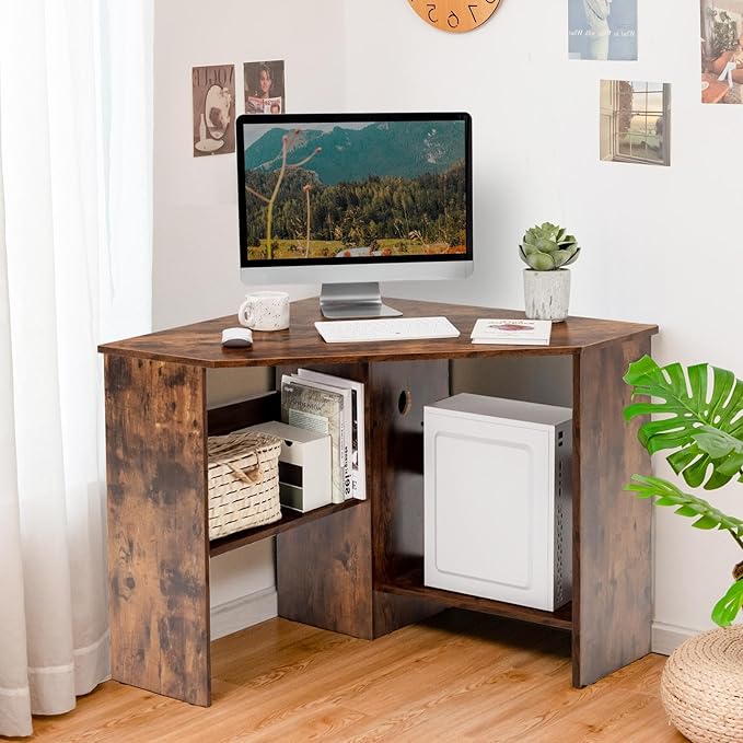 LDAILY Corner Desk Space Saving 90 Degree Triangle Computer Desk with Storage Shelves &amp Cable Holes Wood Compact Corner Writing Table for Small Spaces Home Office Bedroom &amp Living Room Co