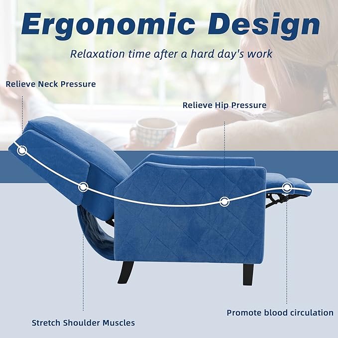 AVAWING Push Back Recliner Chair Wing Back Chairs with Arms Mid-Century Vintage Accent Chair for Living Room Polyester Blue