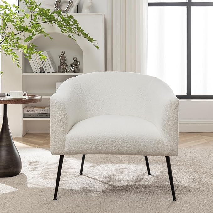 Modern Sherpa Boucle Accent Chair Set of 2 Upholstered Comfortable Armchair with Thicken Cushion Black Metal LegsComfy Reading Chairs for Living Room Bedroom Office(White)