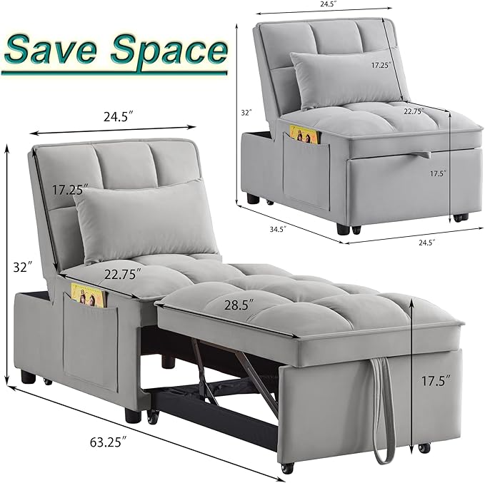 4 in 1 Bouncer with Pull-Out Bed Convertible Slip on Sofa Chair with Storage Pockets and Adjustable Backrest Comfortable Folding Footrest Bed Living Room (Gray)
