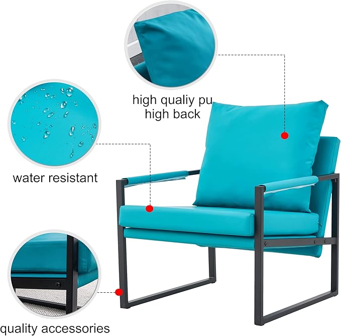 Sofa PU Leather Accent Arm Chair Mid Century Modern Upholstered Armchair with Metal Frame Extra-Thick Padded Backrest and Seat Cushion Sofa Chairs for Living Room (Cyan PU Leather + Metal + Foam)